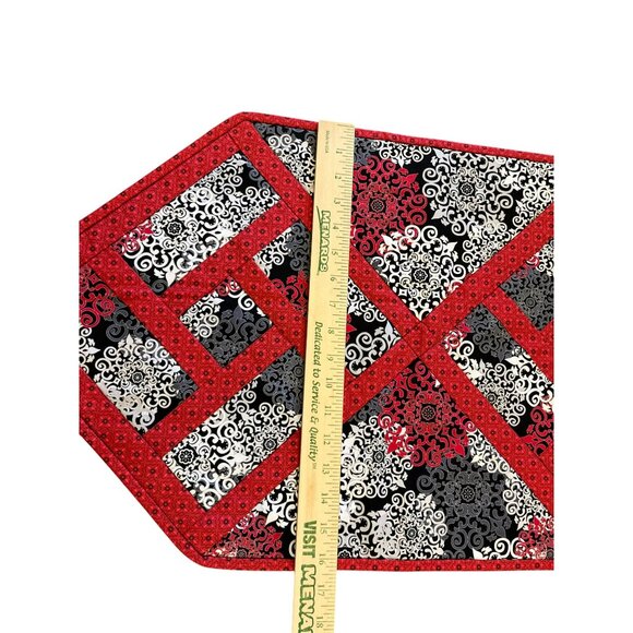 Handmade Quilted Table Runner Red Black White Geometric Patchwork 16x45 Used - Picture 3 of 9